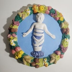 Majolica Della Robbia pottery wall plaque baby Jesus Bas Relief Italy religious